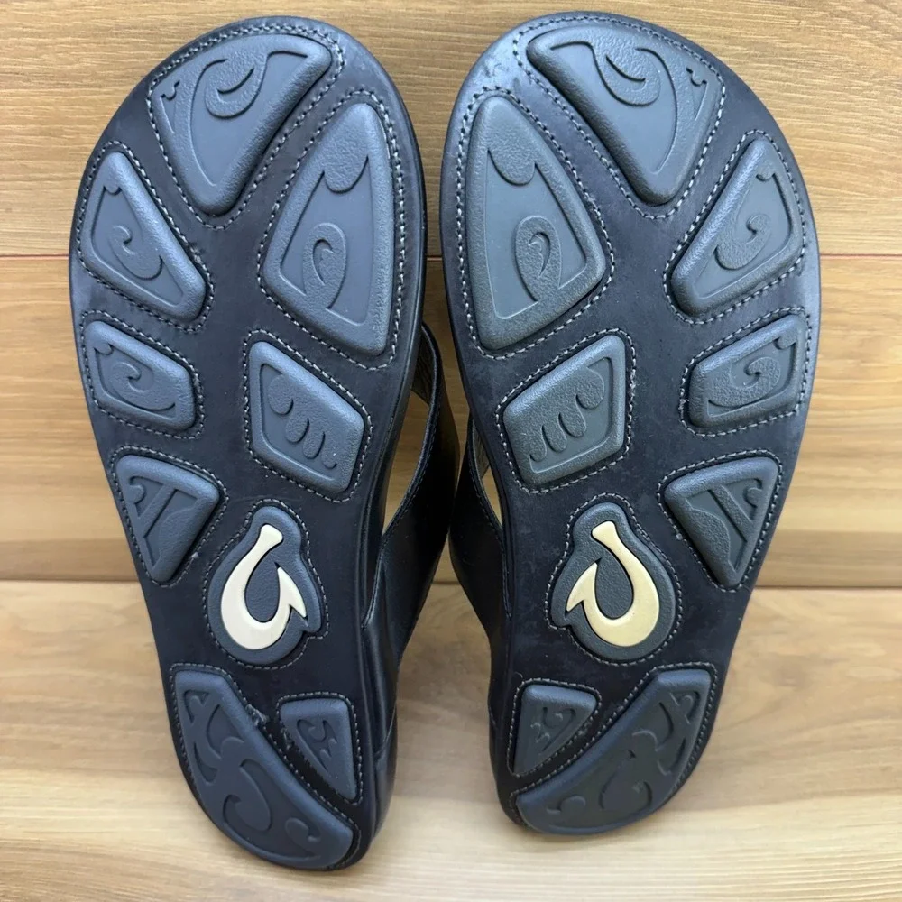 Olukai Mekila Black Leather Flip Flops Mens 14 Travel Everyday Pool Beach Resort